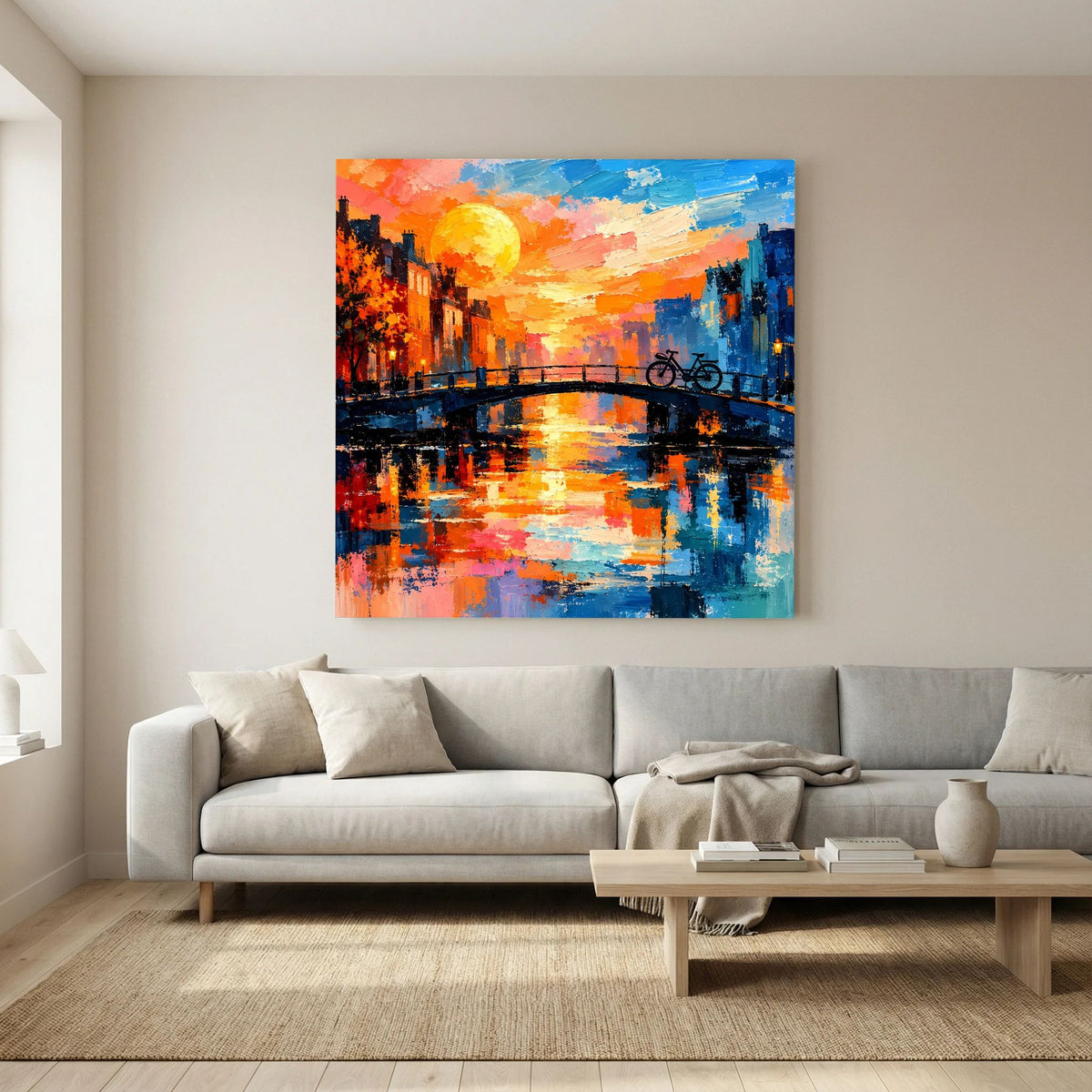 Leinwand Abstraktes Amsterdam Gemälde | Modernes Romantisches Grachten Wandbild mit Fahrrad