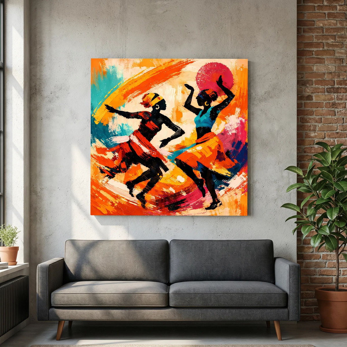 Leinwandbild mit tanzenden Figuren in abstrakter Malstil-Optik, kräftige Orange-, Blau- und Rottöne