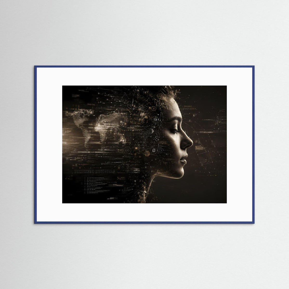 Querformat-Poster mit Frauenprofil und Datenwelt in Schwarz-Goldtönen, blauer Rahmen