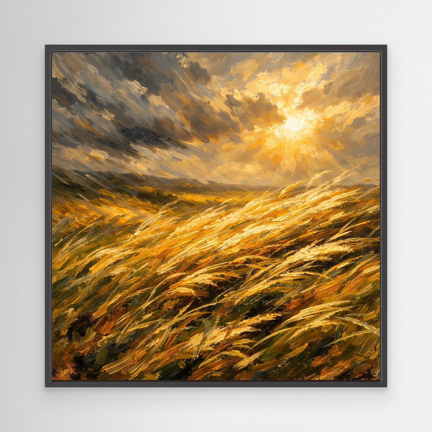 Leinwandbild goldenes Getreidefeld mit Sonnenlicht, schwarzer Rahmen