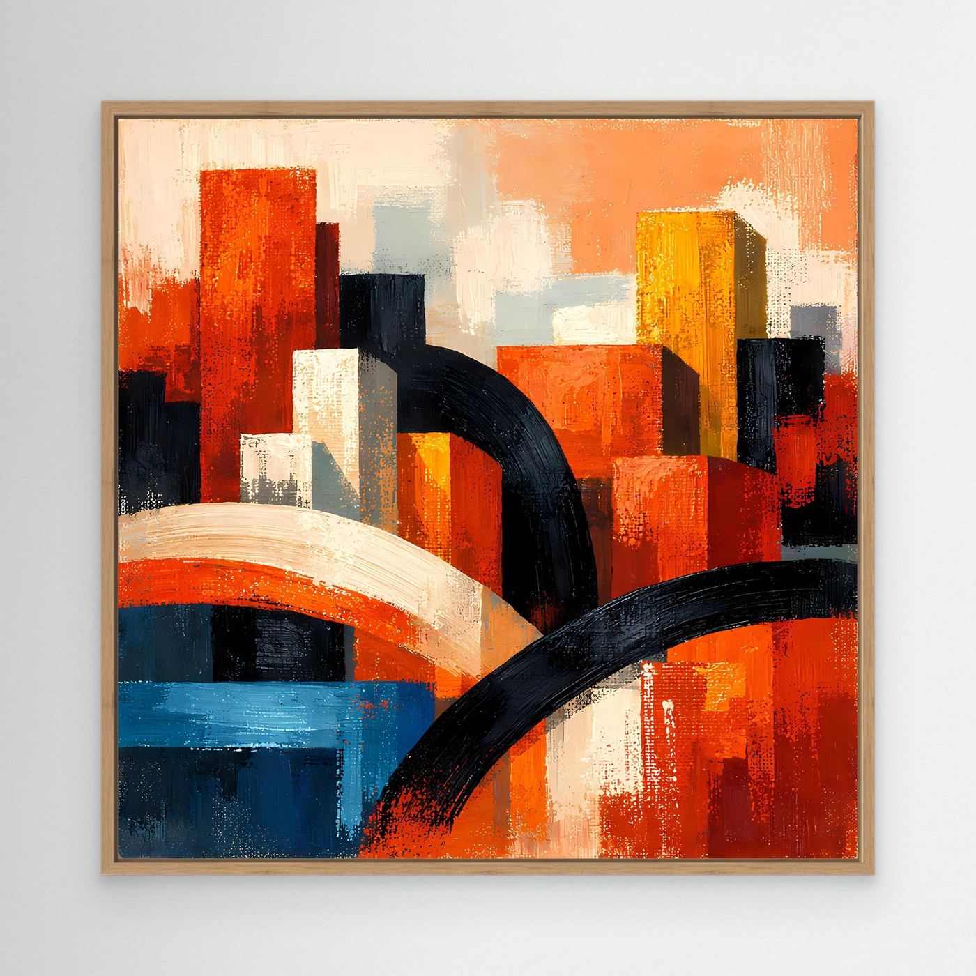 Leinwandbild mit abstrakter Skyline, orange-rote Gebäude, blaue Flächen und schwarze Rundbögen