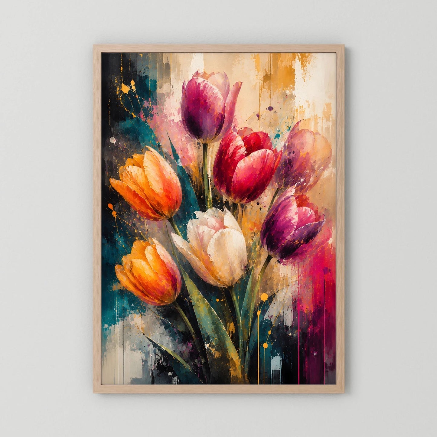 Gerahmtes Kunstposter mit abstrakten Tulpen in Pink, Orange und Violett, heller Holzrahmen