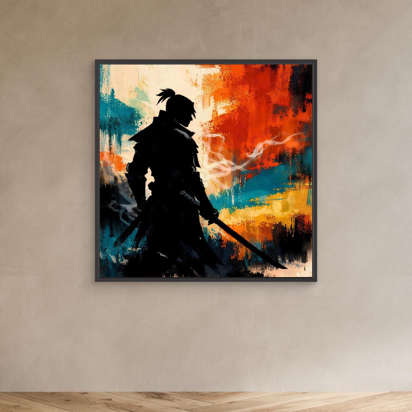 Samurai-Wandbild mit schwarzem Rahmen, schwarze Silhouette mit Schwert in bunten Pinselstrichen