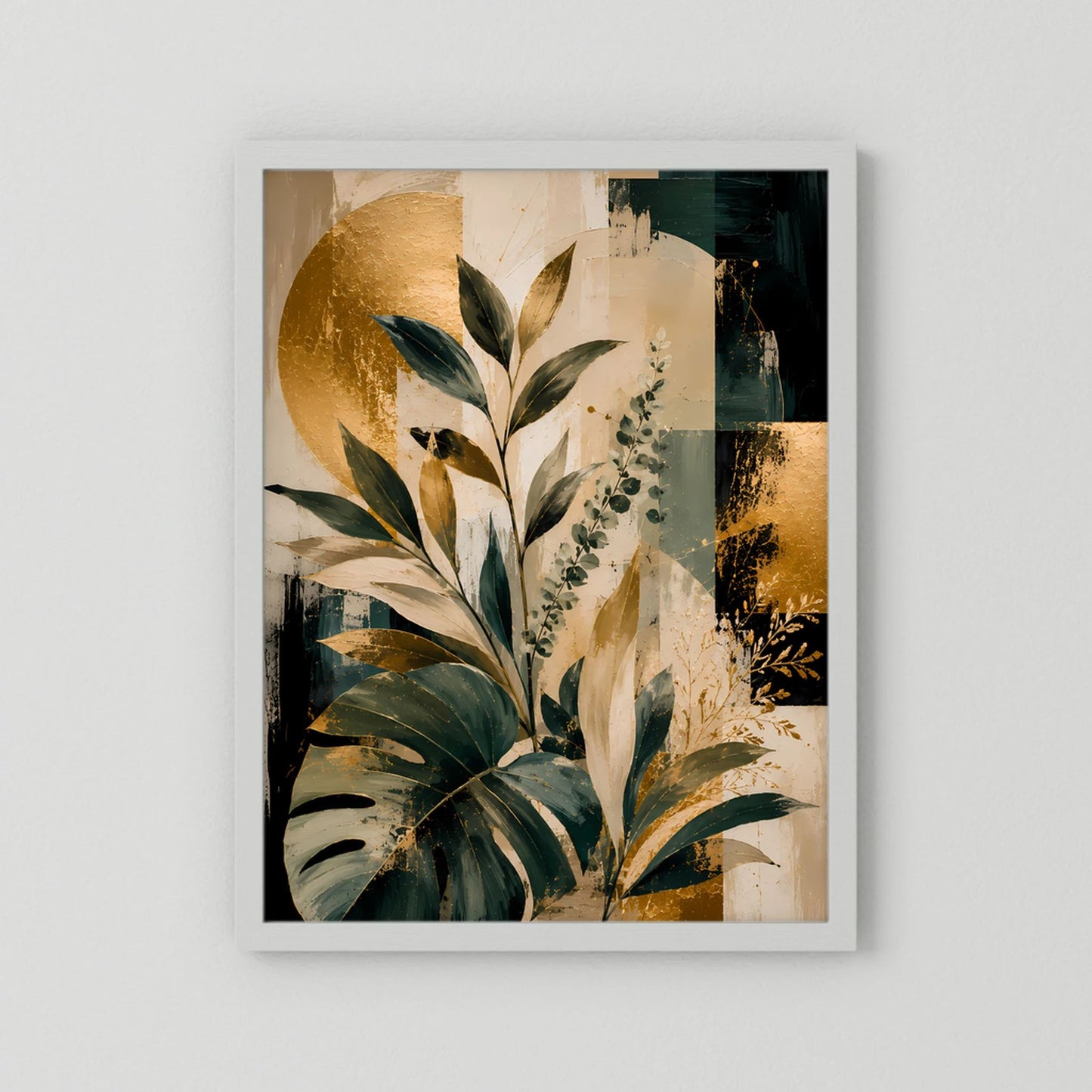 Kunstposter mit abstrakten Blättern, Gold- und Grüntöne, weißer Rahmen