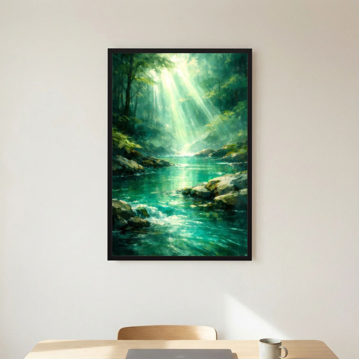 Wandbild Hochformat: grüner Fluss im Wald mit leuchtenden Strahlen, schwarzer Rahmen