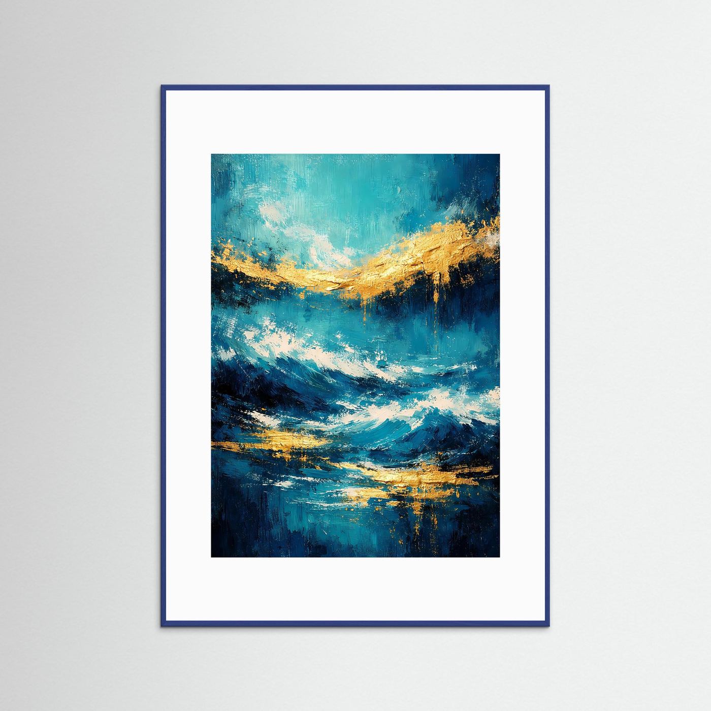Kunstposter mit abstrakten Meereswellen in Türkis, Tiefblau und Gold, blauer Rahmen