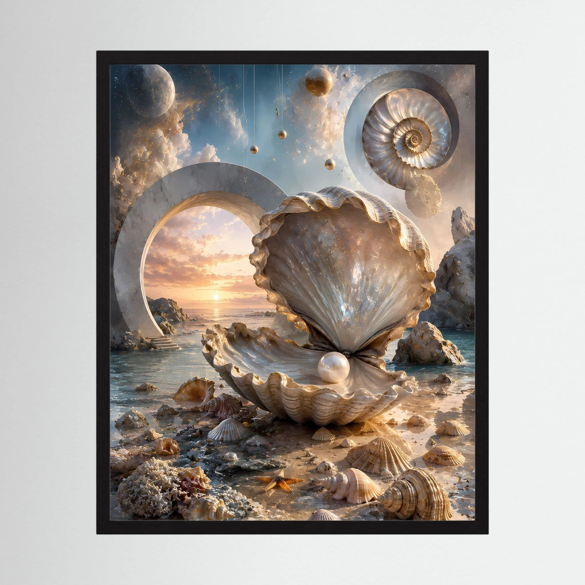 Gerahmtes Hochformat-Poster: Muschel mit Perle, Creme-Gold-Töne, surrealer Meereshimmel