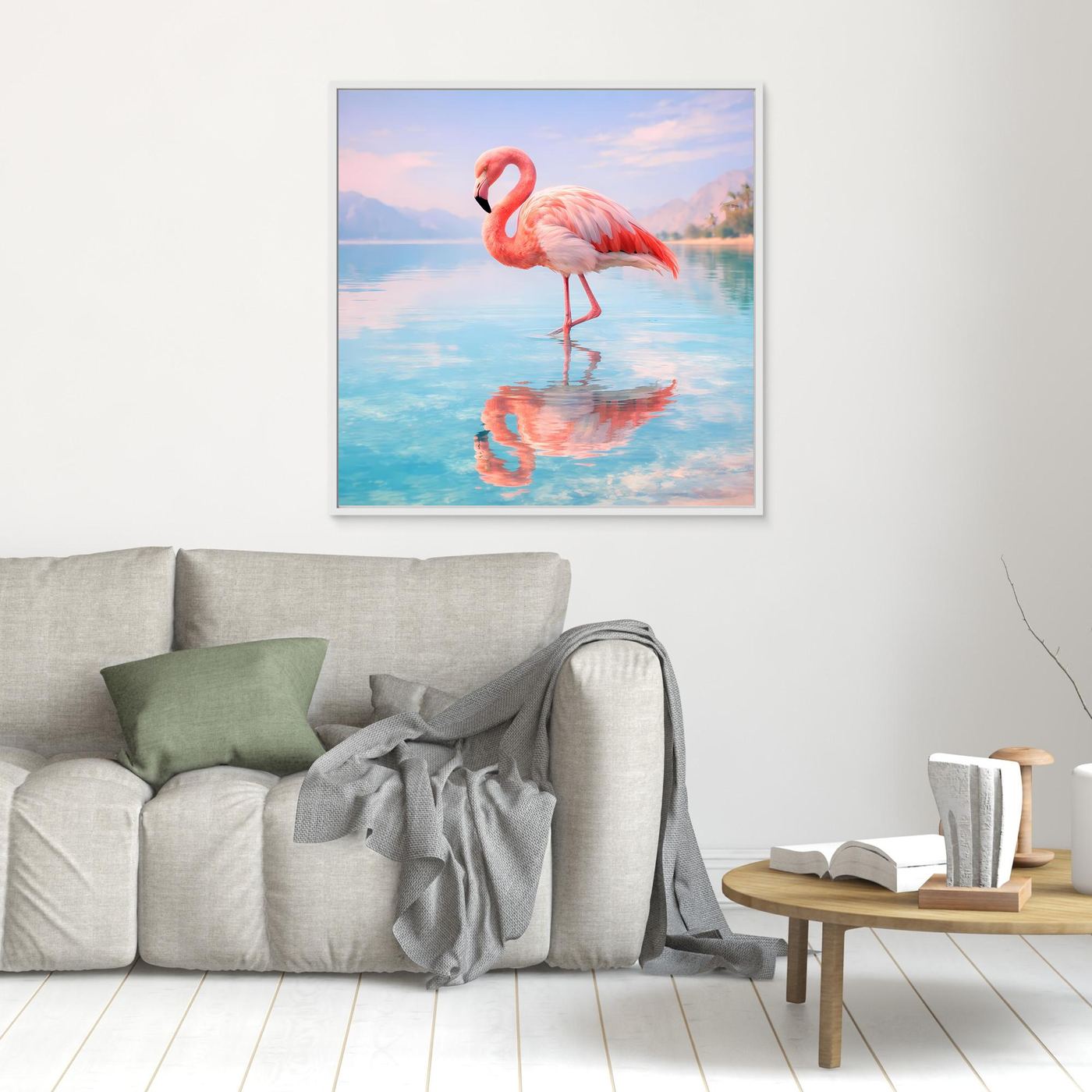 Wandbild Flamingo am See mit Spiegelung