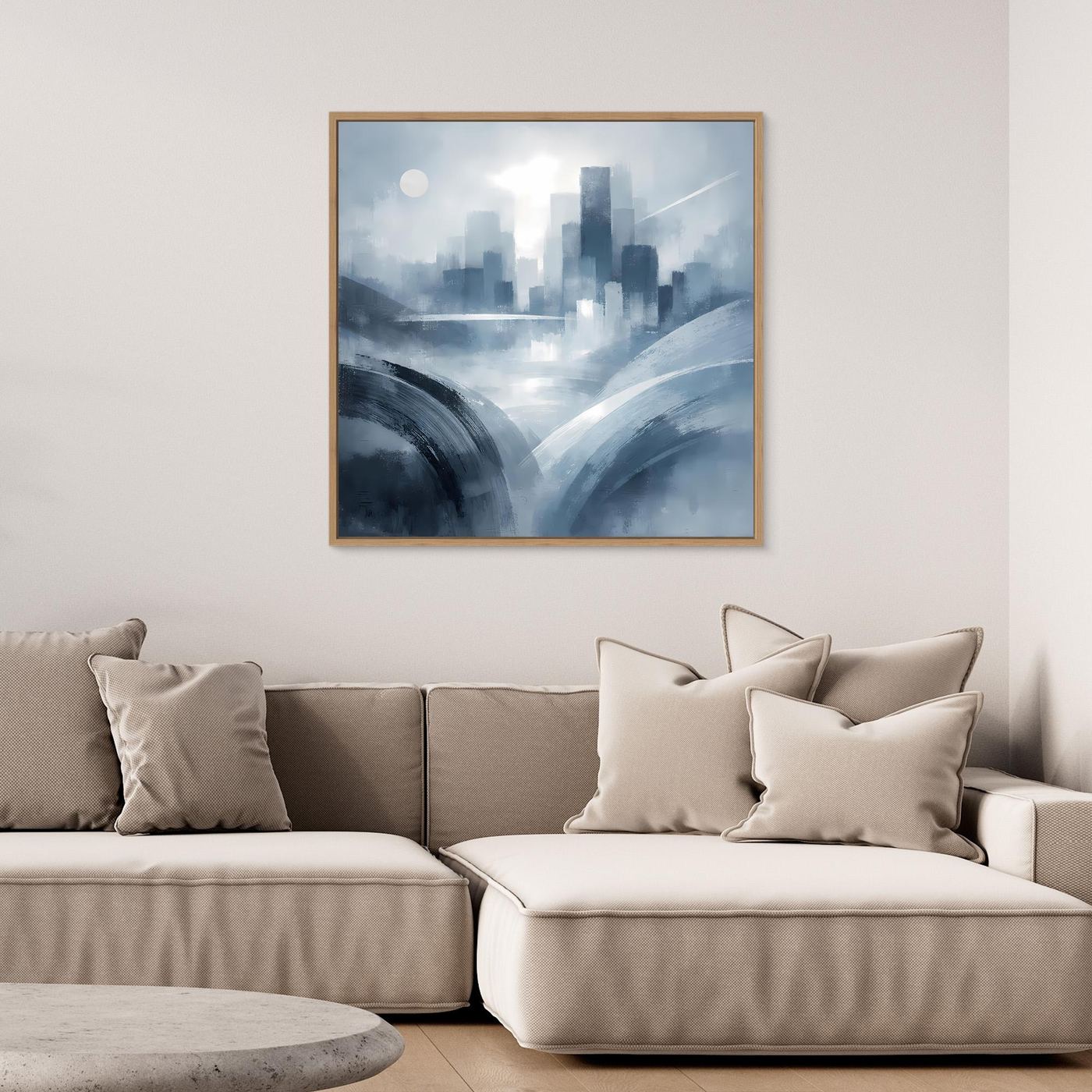 Leinwandbild mit abstrakter Skyline in Blau-Grau im hellen Holzrahmen