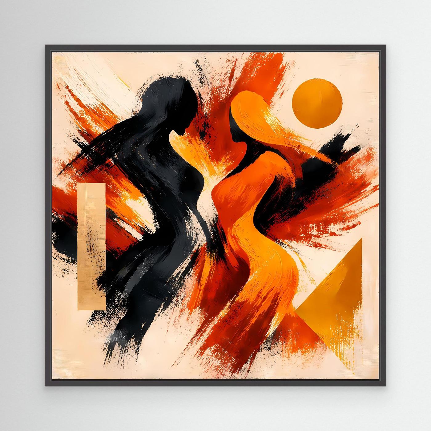 Gerahmtes abstraktes Wandbild mit schwarzen und orangefarbenen Silhouetten, Sonne, Pinselstriche