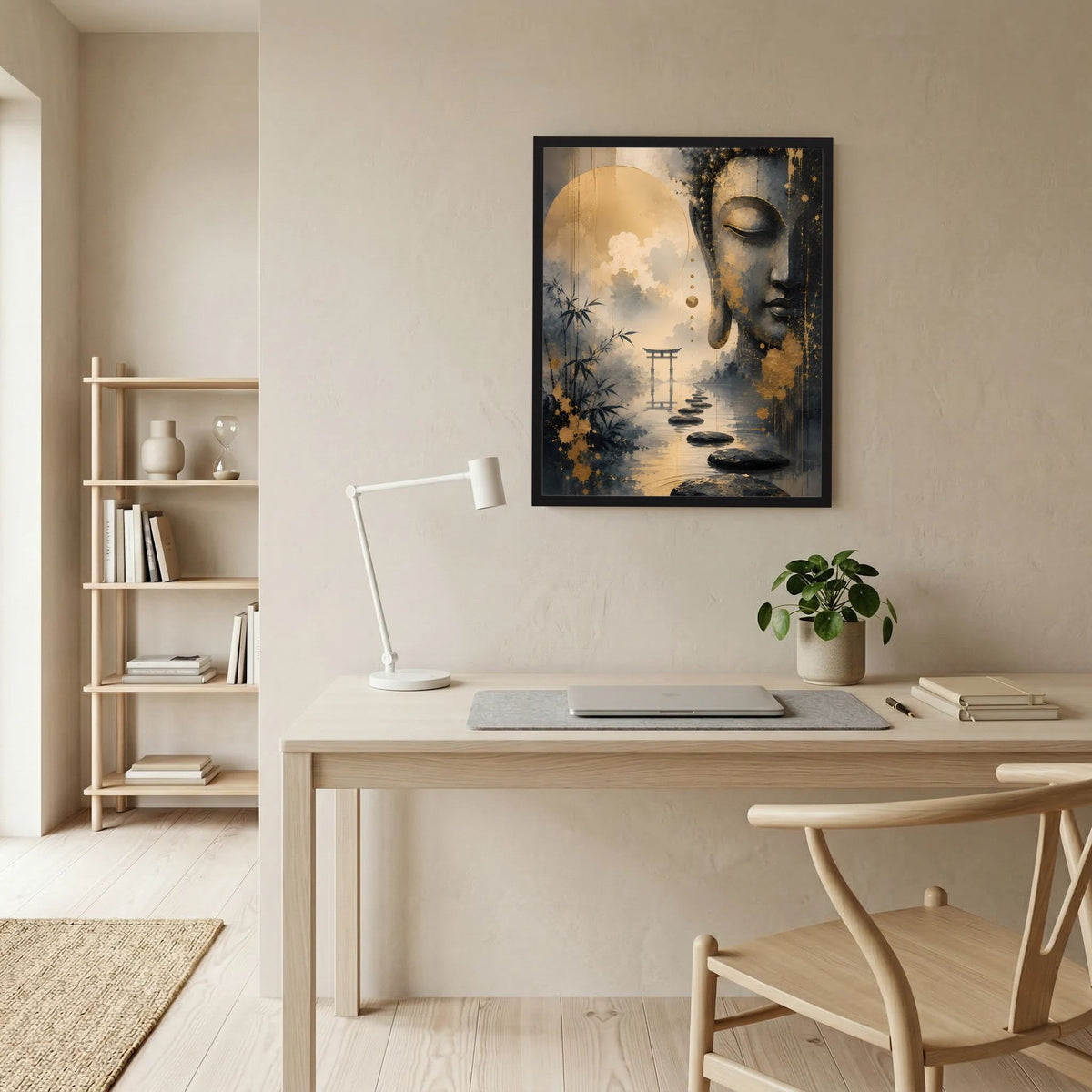 Hochformat-Poster mit Buddha-Gesicht in Gold und Schwarz, Zen-Weg mit Steinen und Wasser