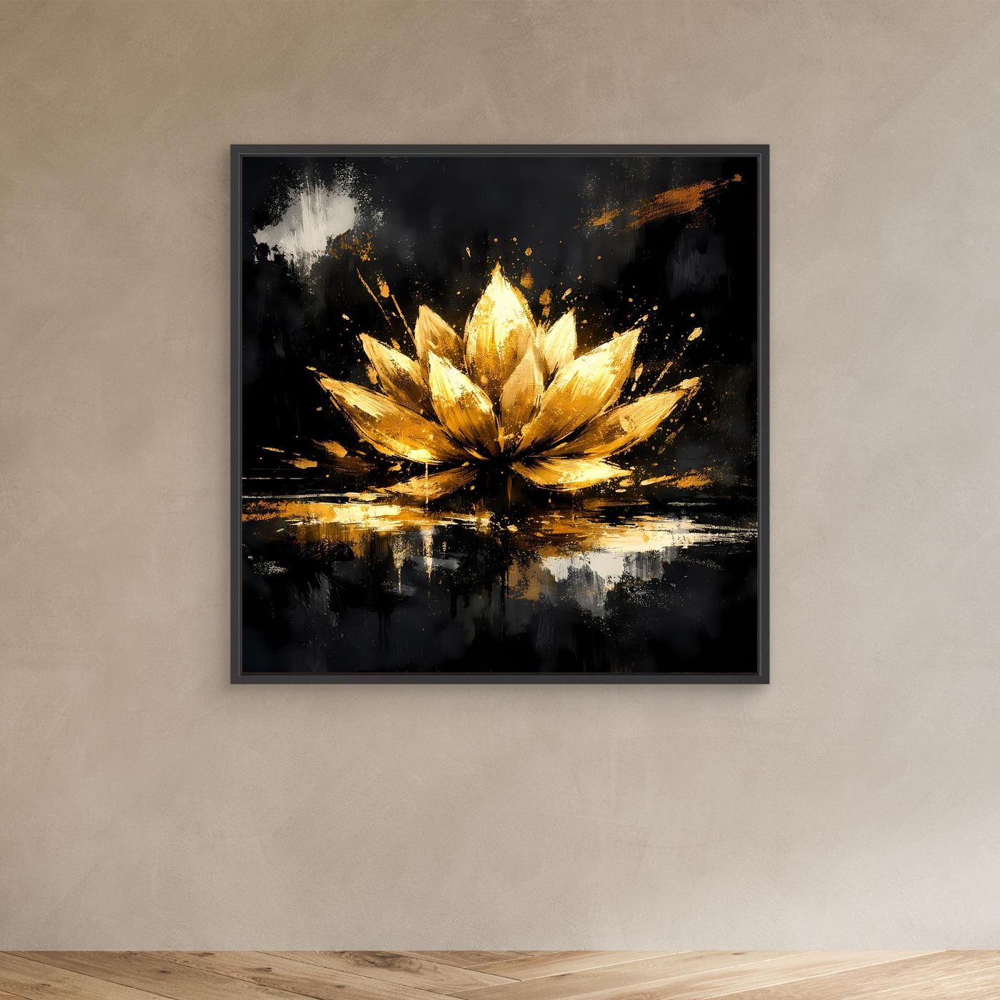 Leinwand Goldene Lotusblüte Abstrakt | Modernes Lotus Wandbild Schwarz Gold