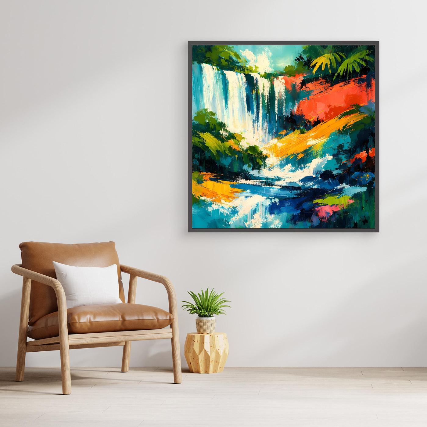 Leinwandbild mit abstraktem tropischem Wasserfall, schwarzer Rahmen, leuchtend türkis und orange