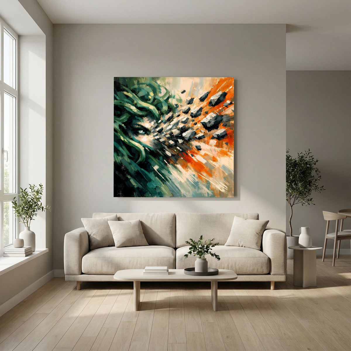 Abstraktes Leinwandbild mit Medusa-Motiv, grün-orange Farbverlauf auf heller Wohnzimmerwand