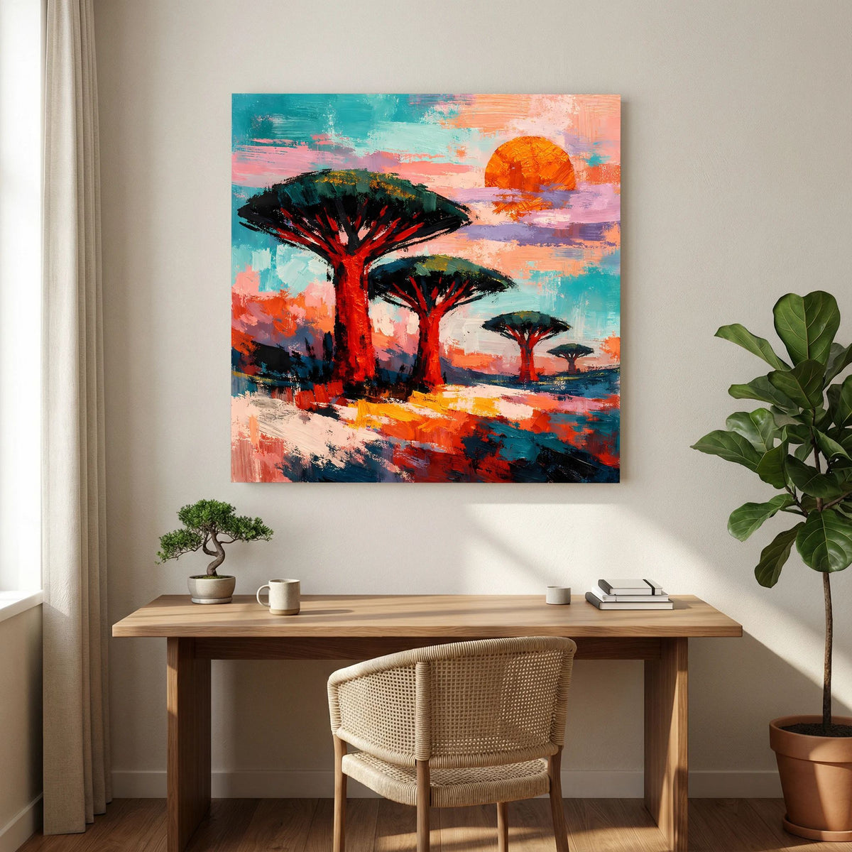 Leinwandbild Savannenbäume im abstrakten Stil mit orangefarber Sonne und orangeblauem Weg