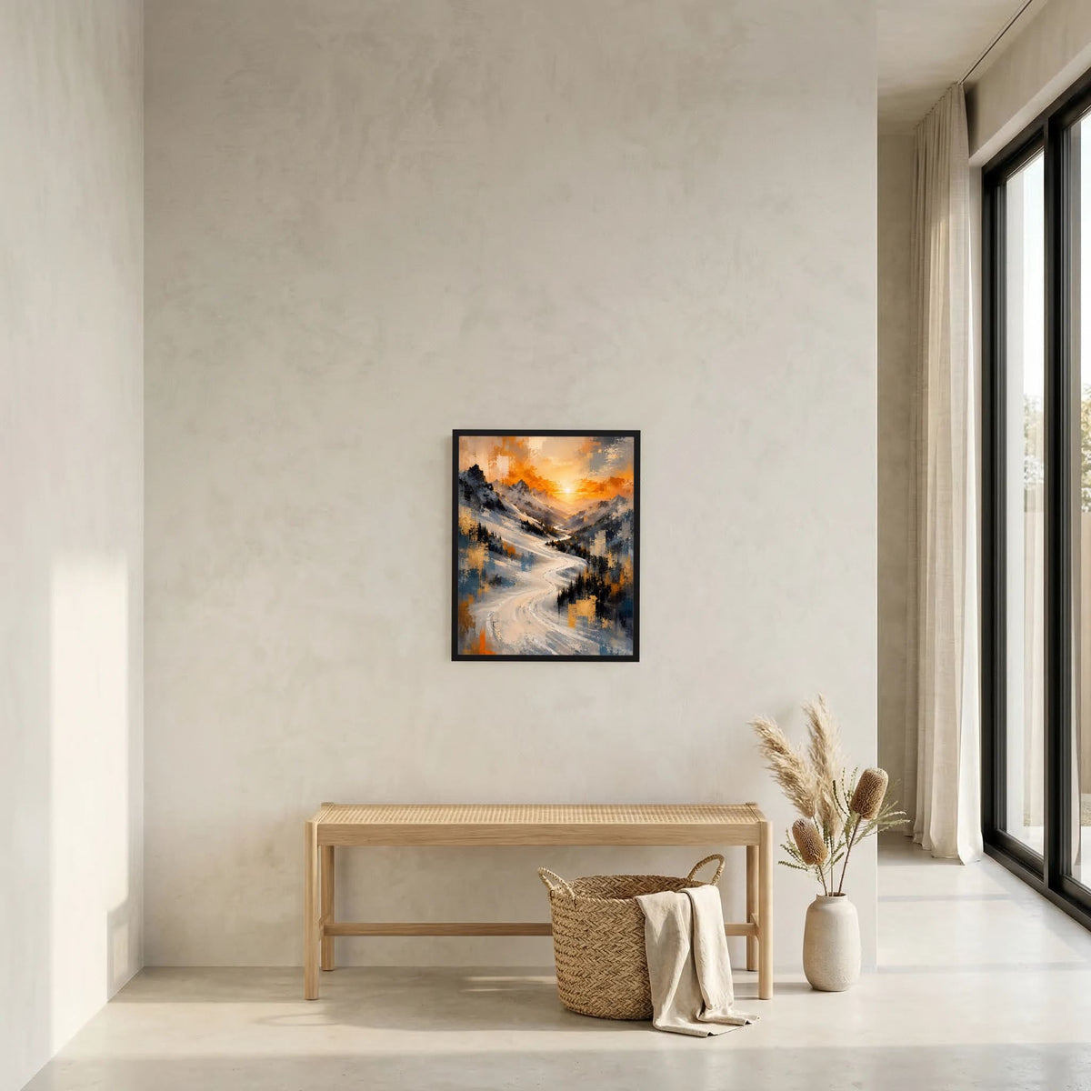 Gerahmtes Winterlandschafts-Poster mit verschneiter Straße und orange-gelbem Sonnenaufgang