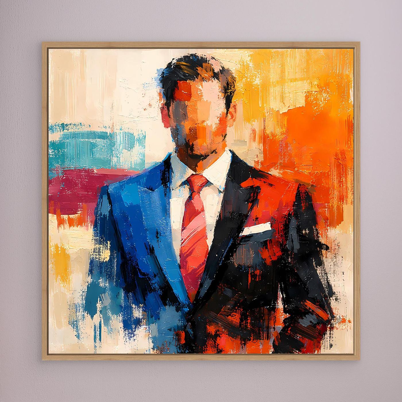 Business wall art print of an elegant man in a blue suit with orange and teal abstract background, wood frame.