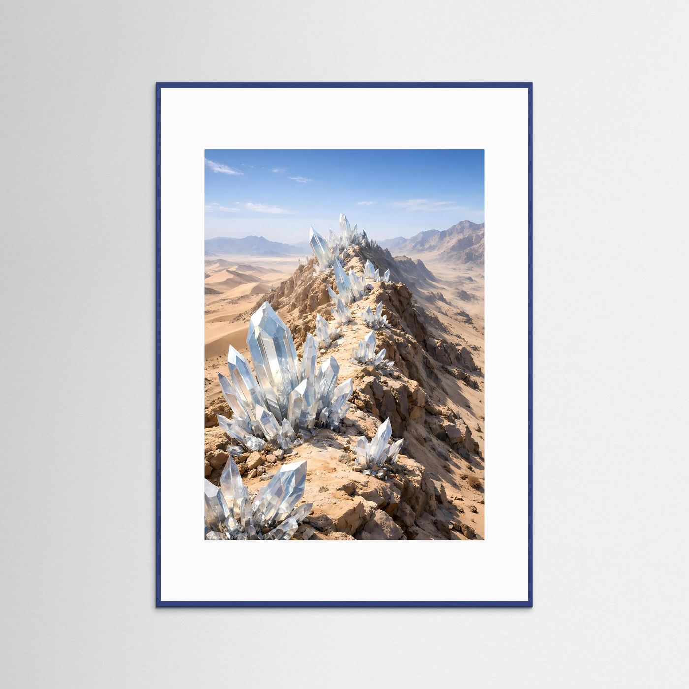 Kristall-Wüstenposter im Hochformat mit blauem Rahmen