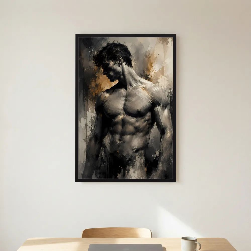 Kunstposter: abstrakter Männerakt in Schwarz und Gold, schwarzer Rahmen, Hochformat