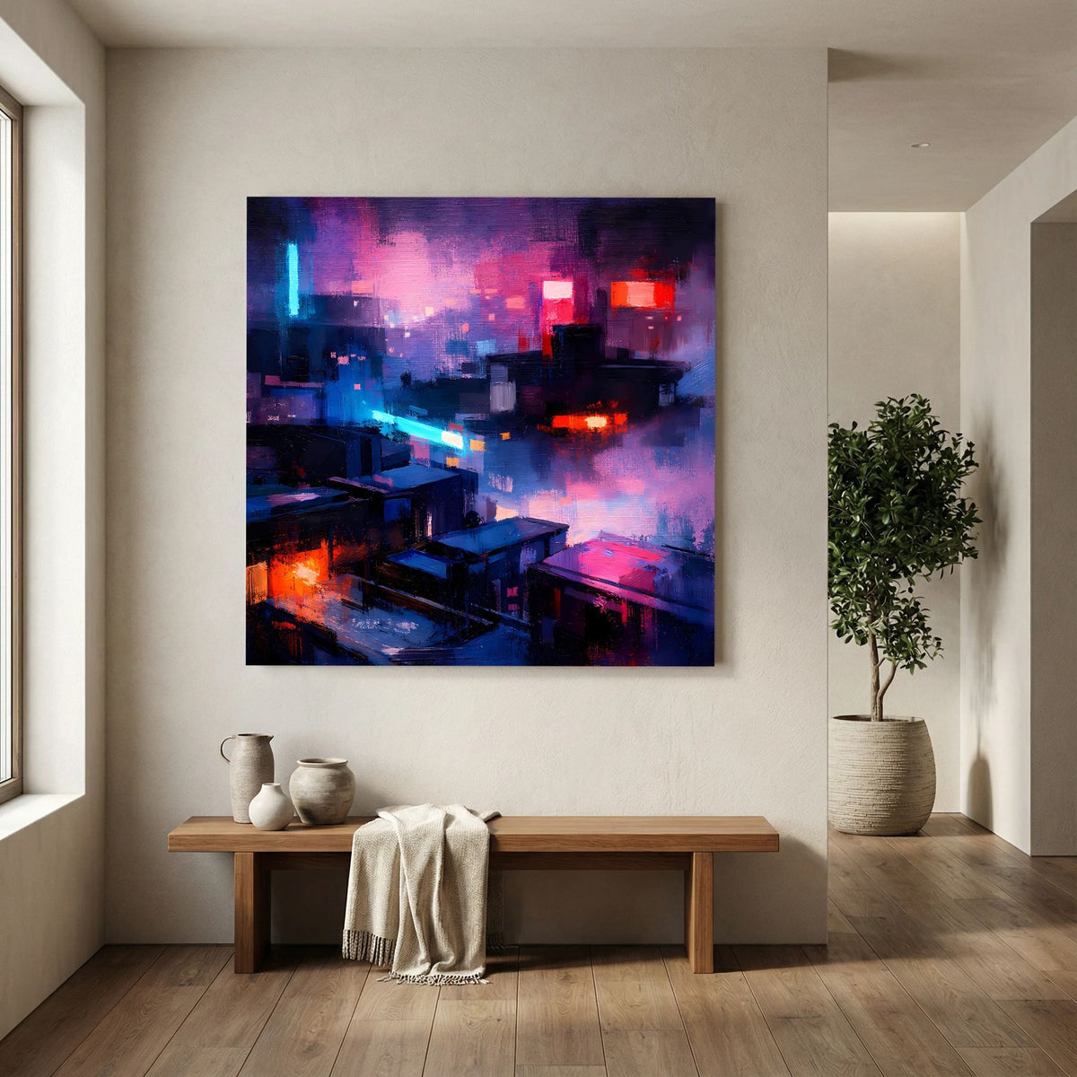Wandbild auf Leinwand mit futuristischer Neon-City bei Nacht, blau-violette Lichtakzente