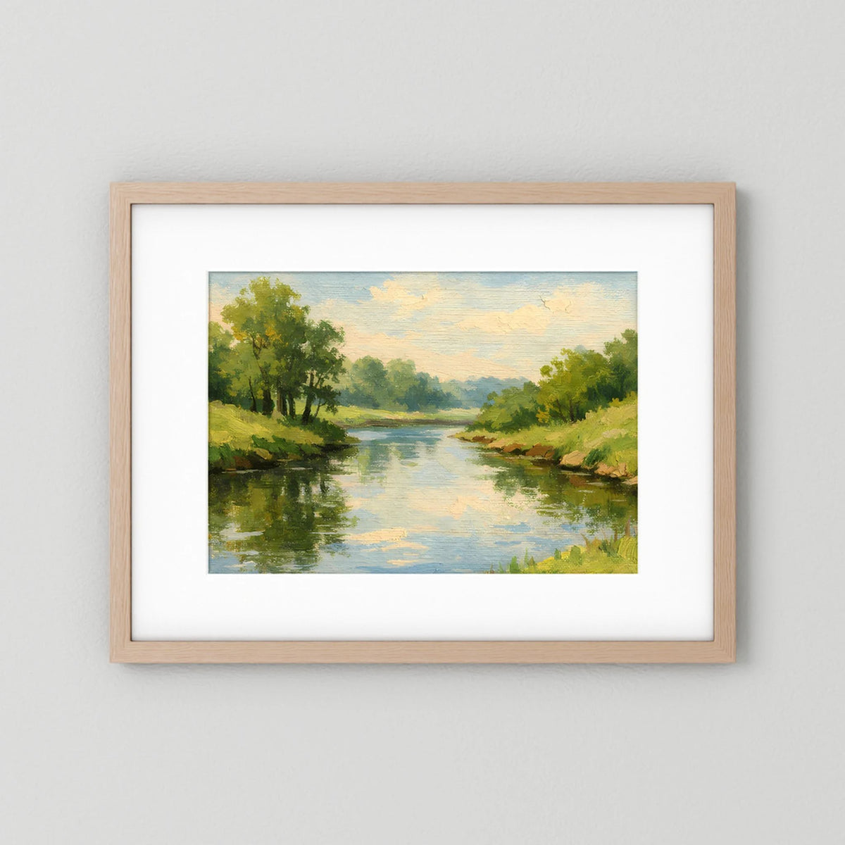 Landschaftsbild Querformat mit Fluss und Uferbäumen, heller Holzrahmen