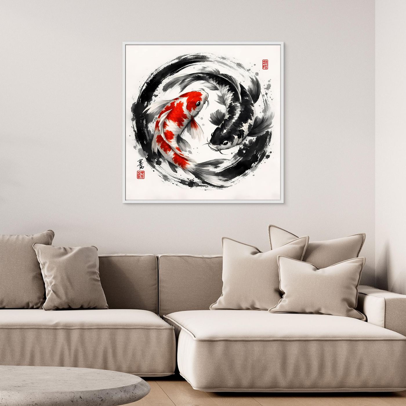 Leinwandbild mit Koi-Yin-Yang-Motiv: roter und schwarzer Karpfen im Kreis, mit weißem Rahmen.