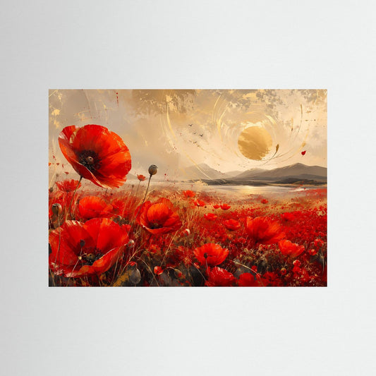 Wandbild mit roten Mohnblumen und goldener Sonne über einer Landschaft