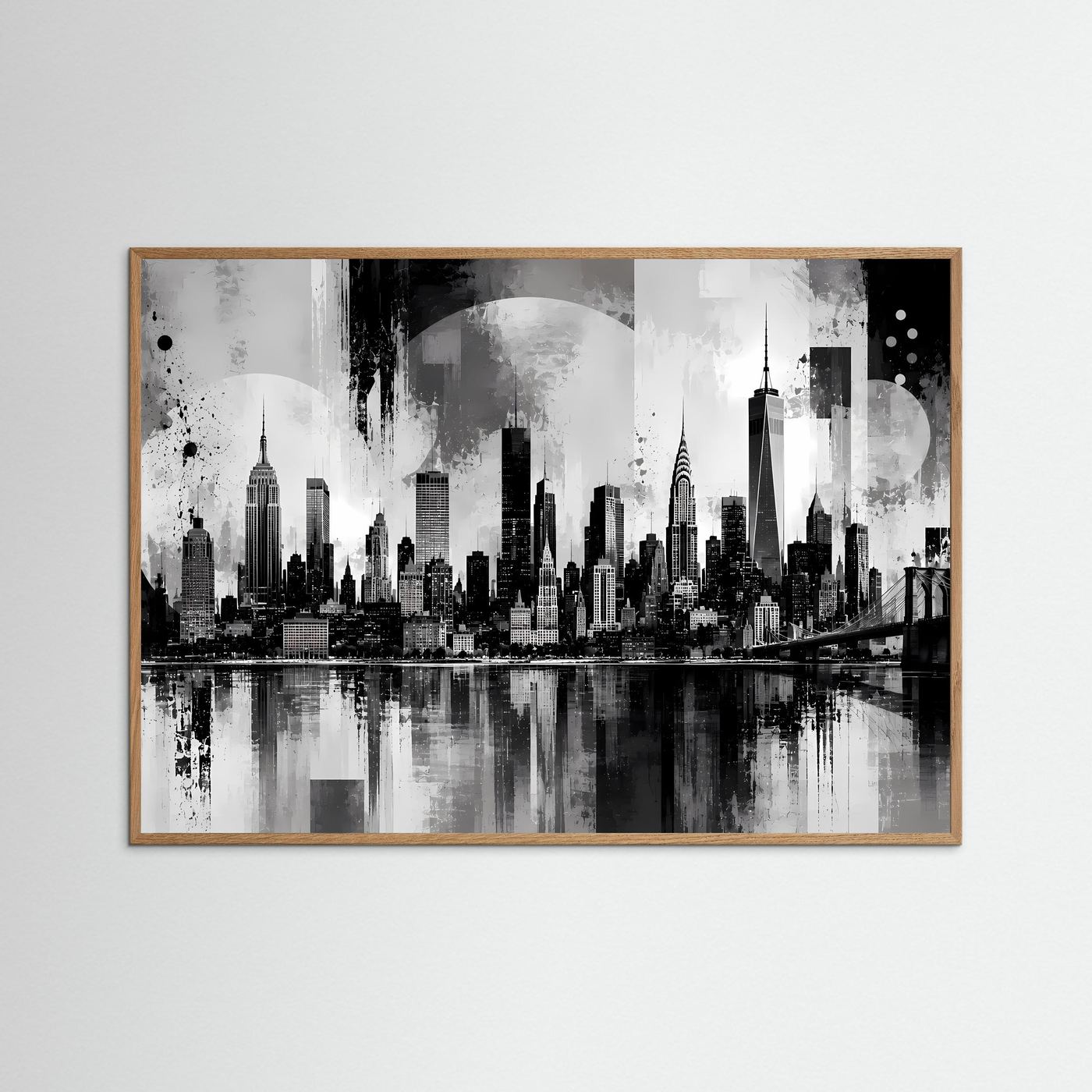 Gerahmter Kunstdruck Manhattan-Skyline in Schwarzweiß, heller Eichenrahmen