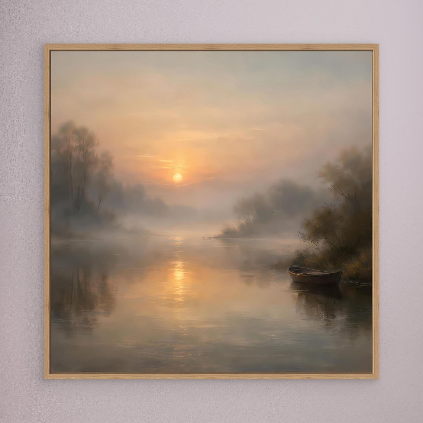 Leinwandbild mit Holzrahmen: nebliger Flussmorgen, Sonnenaufgang, Boot im Wasser