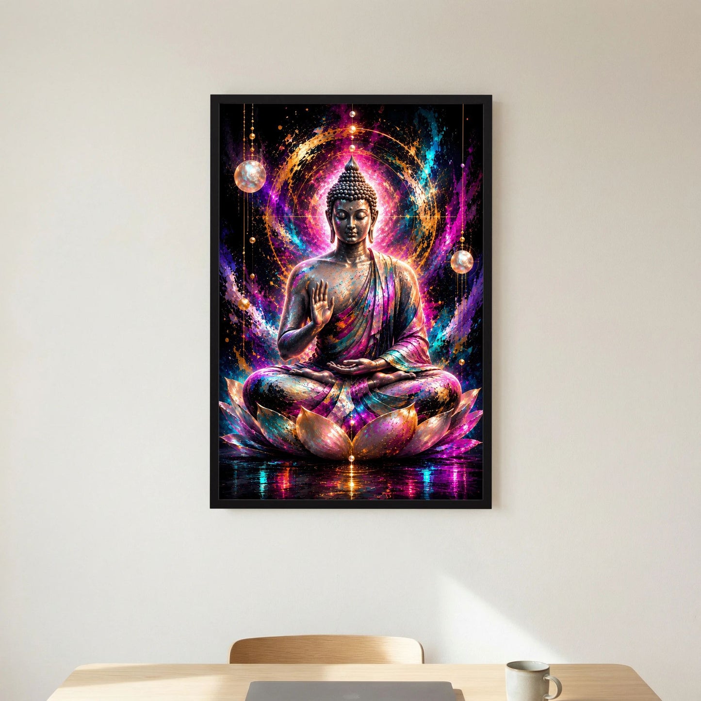 Neon-Buddha-Poster: Buddha im Lotussitz mit farbigem Lichtring, schwarzer Rahmen