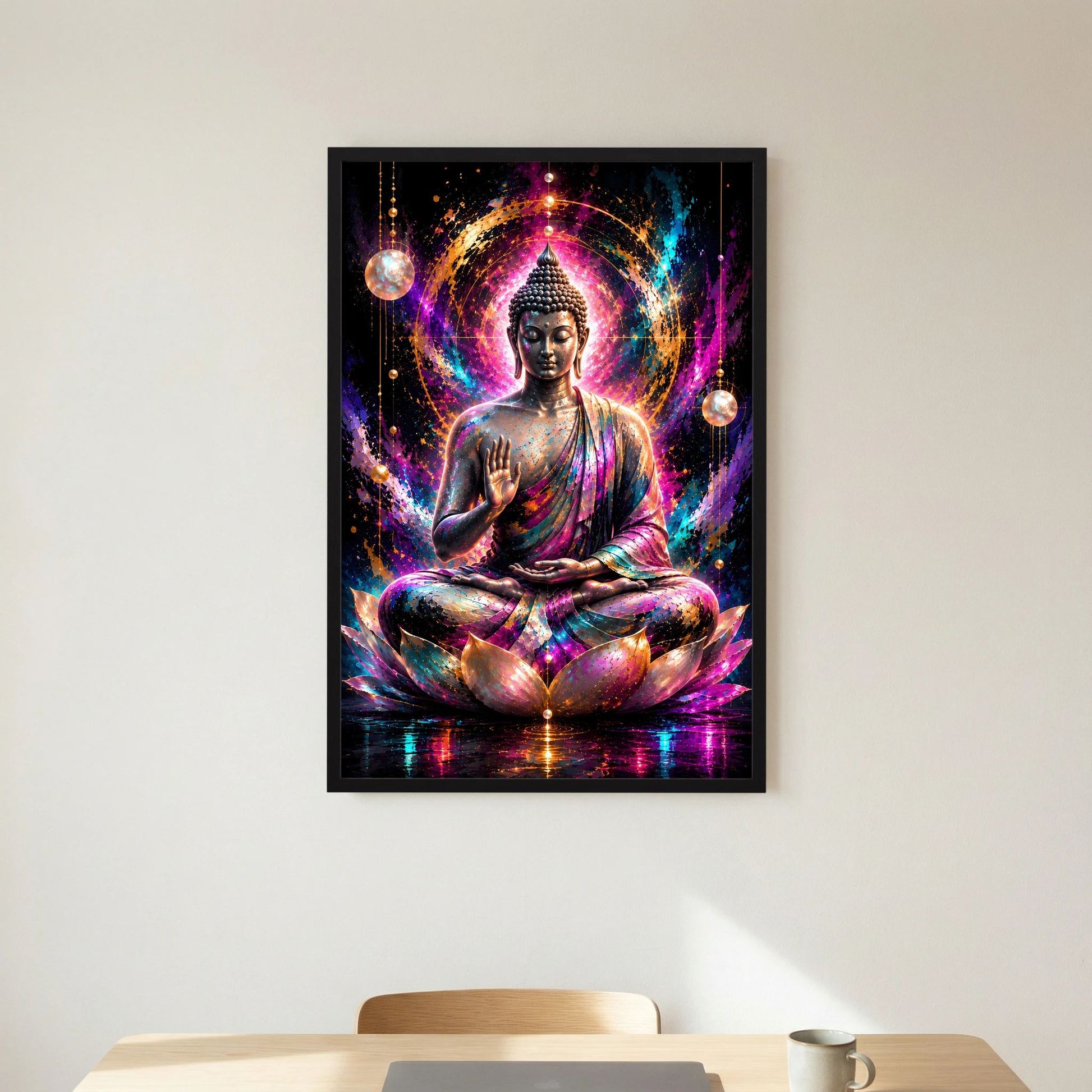 Neon-Buddha-Poster: Buddha im Lotussitz mit farbigem Lichtring, schwarzer Rahmen