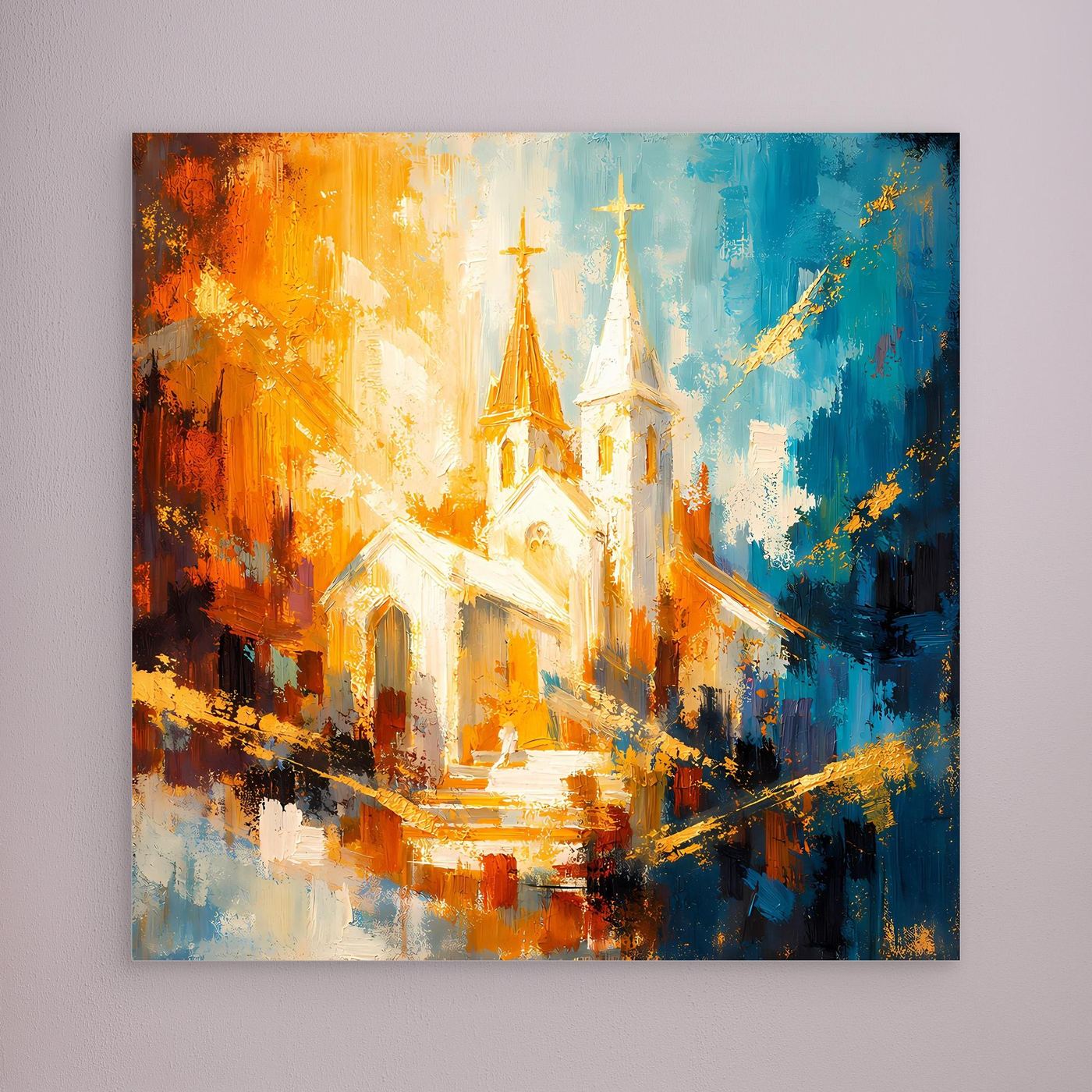 Leinwandbild mit abstrakter Kirche in Orange‑Blau, ohne erkennbaren Rahmen