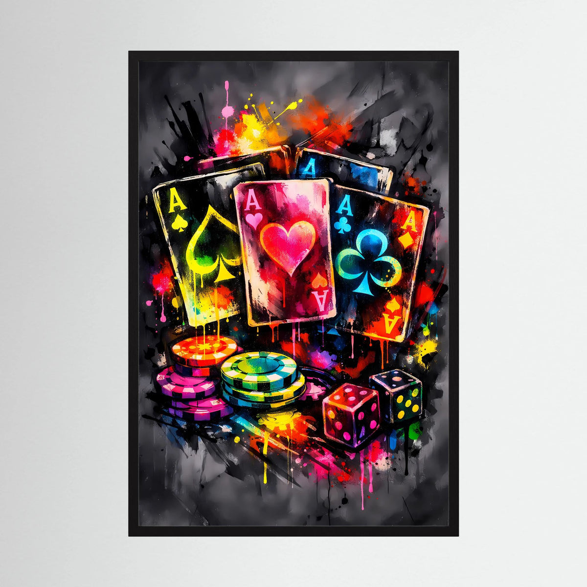 Gerahmtes Poker-Asse-Neon-Poster mit bunten Karten, Chips und Würfeln, schwarzer Rahmen