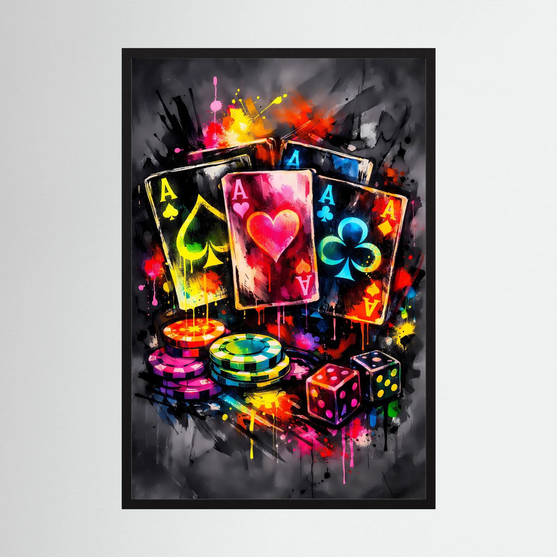 Gerahmtes Poker-Asse-Neon-Poster mit bunten Karten, Chips und Würfeln, schwarzer Rahmen
