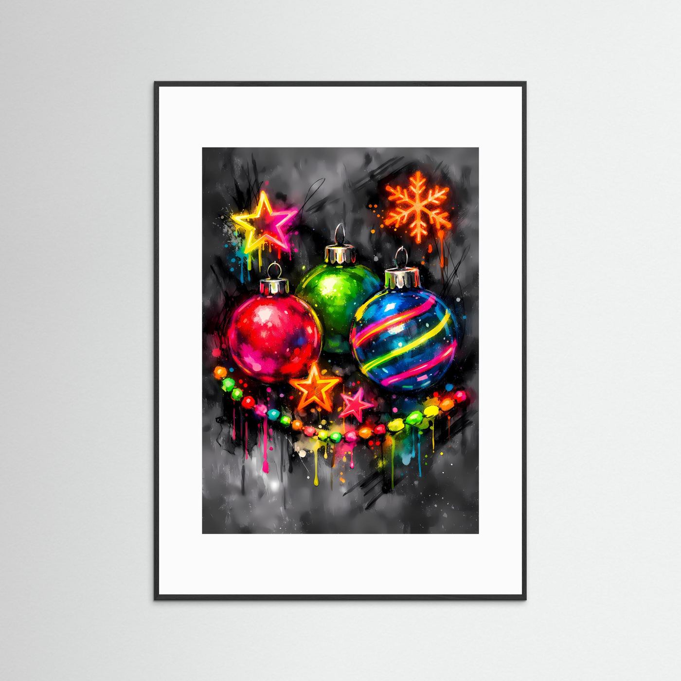 Die Magie des Festes | Neon Weihnachtskugeln Poster in bunten Farben | Abstraktes Kunstposter Hochformat