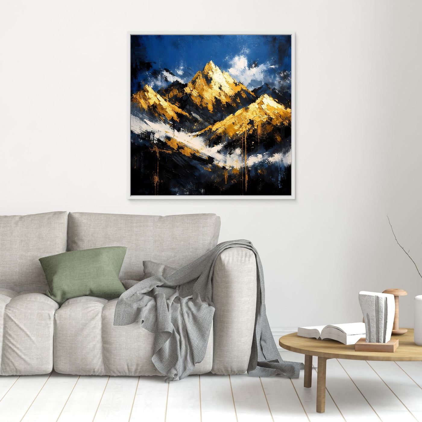 Leinwand Abstraktes Berggemälde in Blau und Gold | Modernes Berge Wandbild