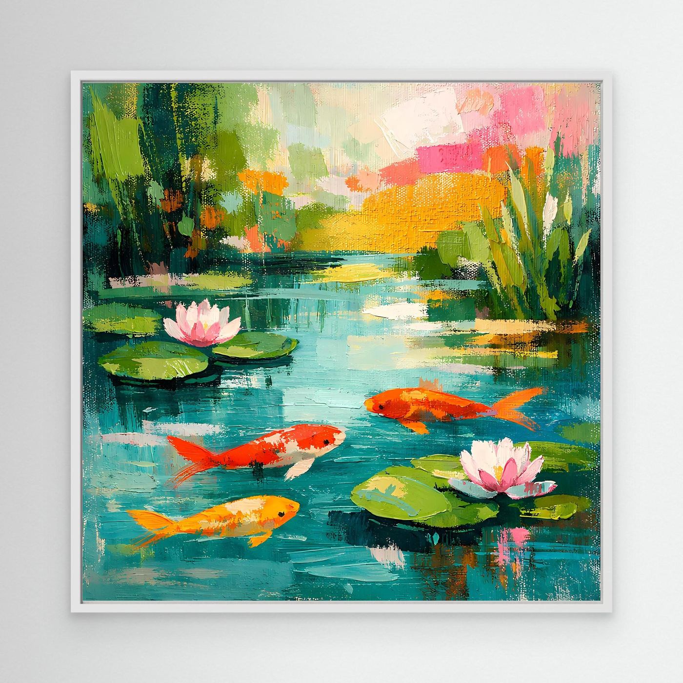 White-edged canvas wall art showing orange koi, lily pads, and pink water lilies