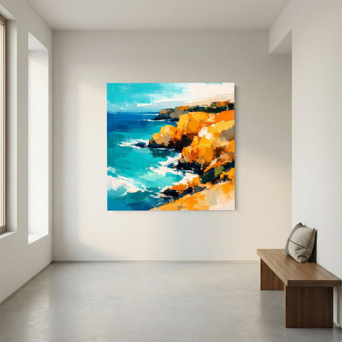 Leinwand Abstraktes Steilküsten Gemälde | Modernes Mediterranes Meeres Wandbild Blau Gelb