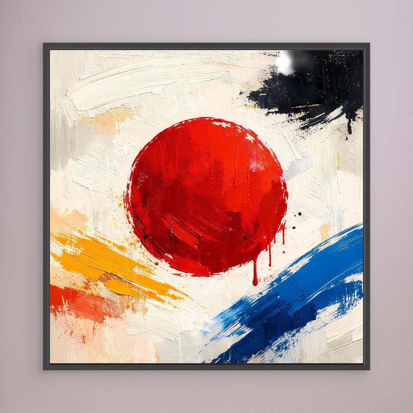 Abstract canvas wall art with red sun circle, blue and orange brush strokes, dark frame.