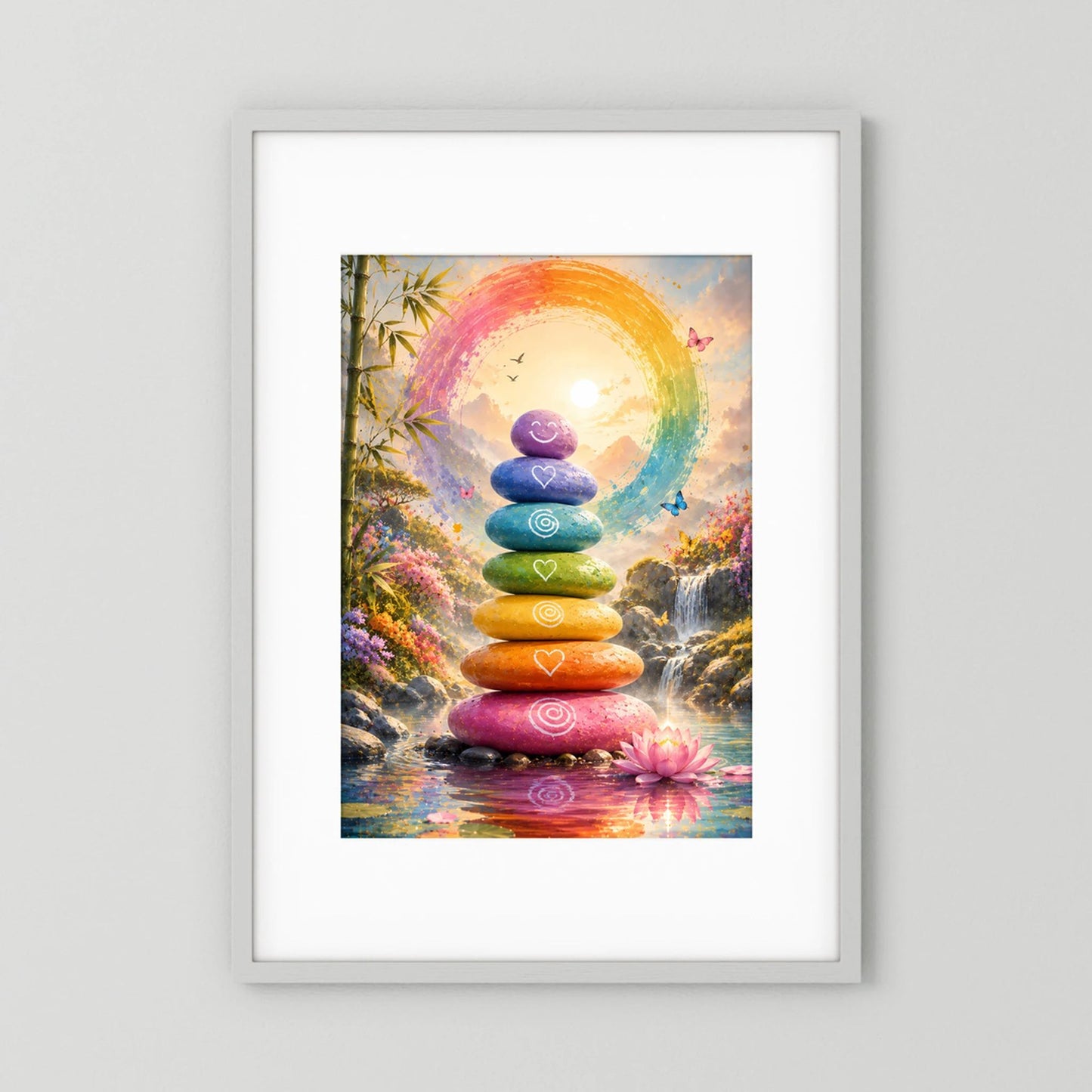 Gerahmtes Poster im Hochformat mit Regenbogen über gestapelten bunten Steinen und Lotus