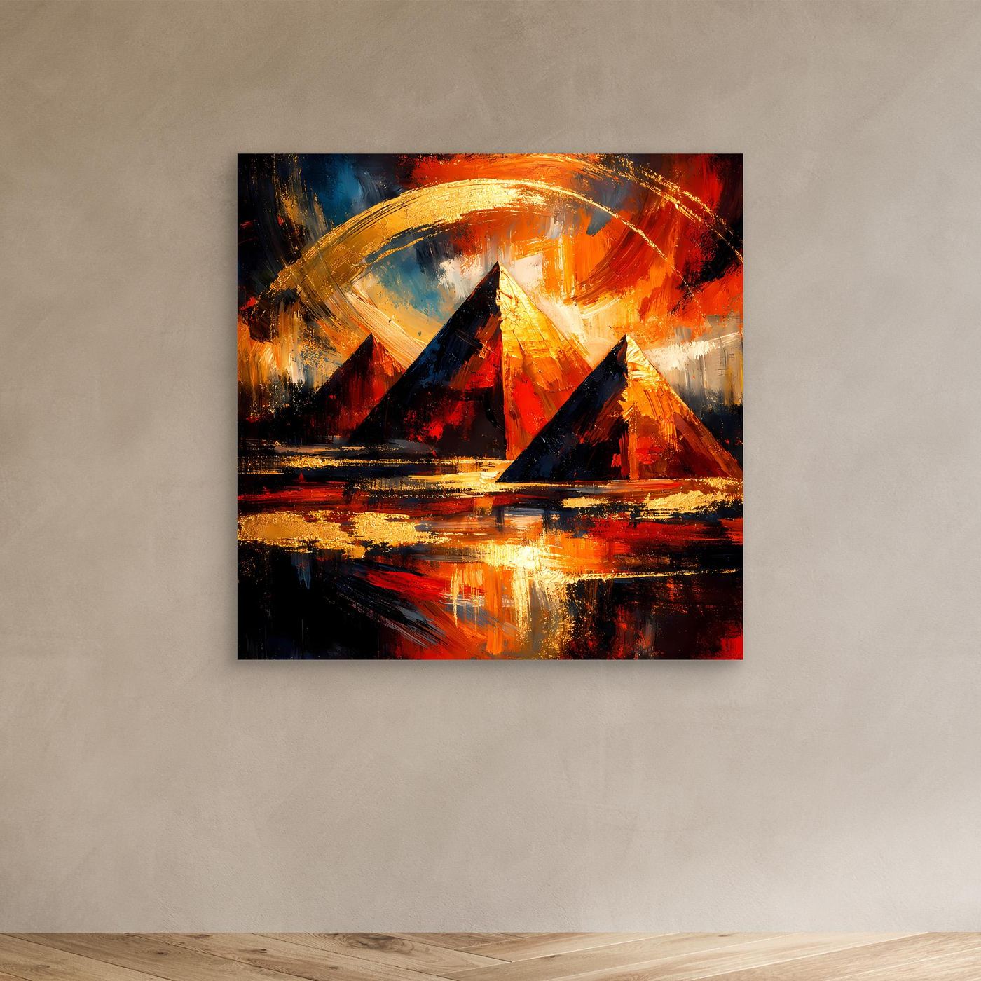 Leinwandbild mit abstrakten Pyramiden und goldenen Lichtbögen über dunklem Spiegelwasser