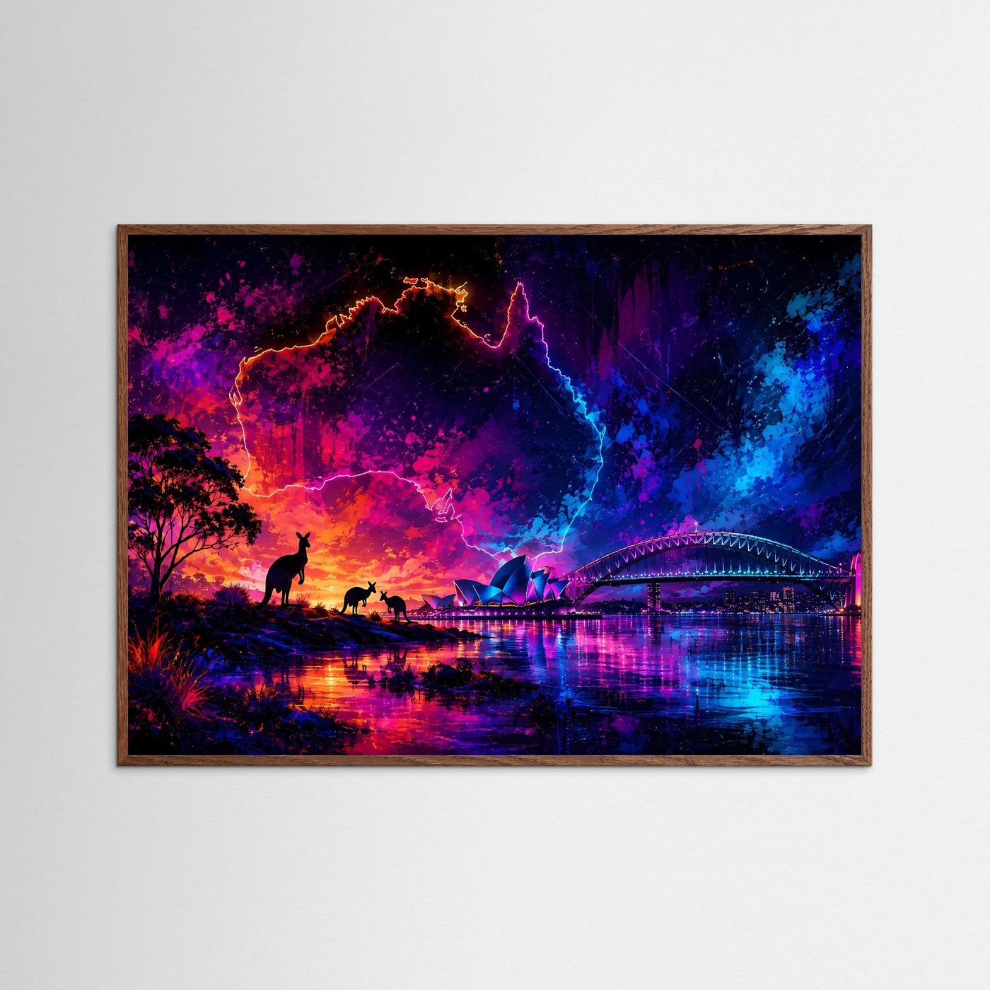 Sydney Skyline mit Kängurus im Neonstil | Abstraktes Australien Poster Querformat