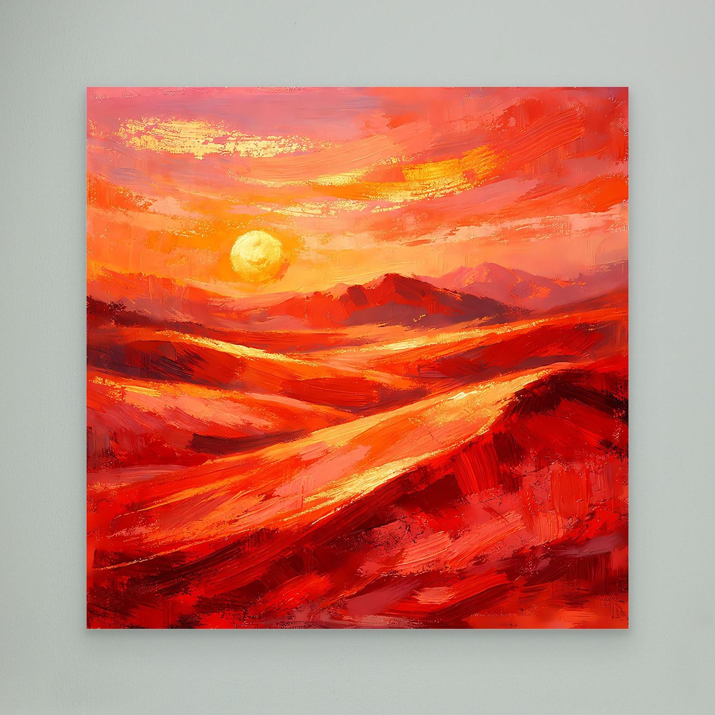Abstraktes Leinwandbild mit Sonne und roten orangefarbenen Pinselstrichen, ohne Rahmen