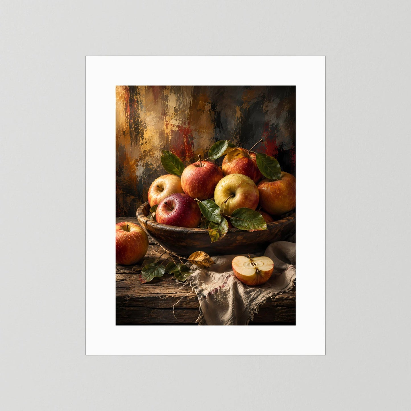 Hochformatiges Apfel-Poster mit Äpfeln in Schale, weiße Umrandung ohne sichtbaren Rahmen