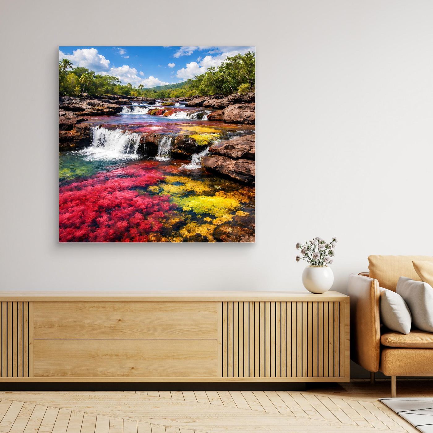 Leinwandbild mit Wasserfall im Caño Cristales, starke Rot-, Gelb- und Grüntöne