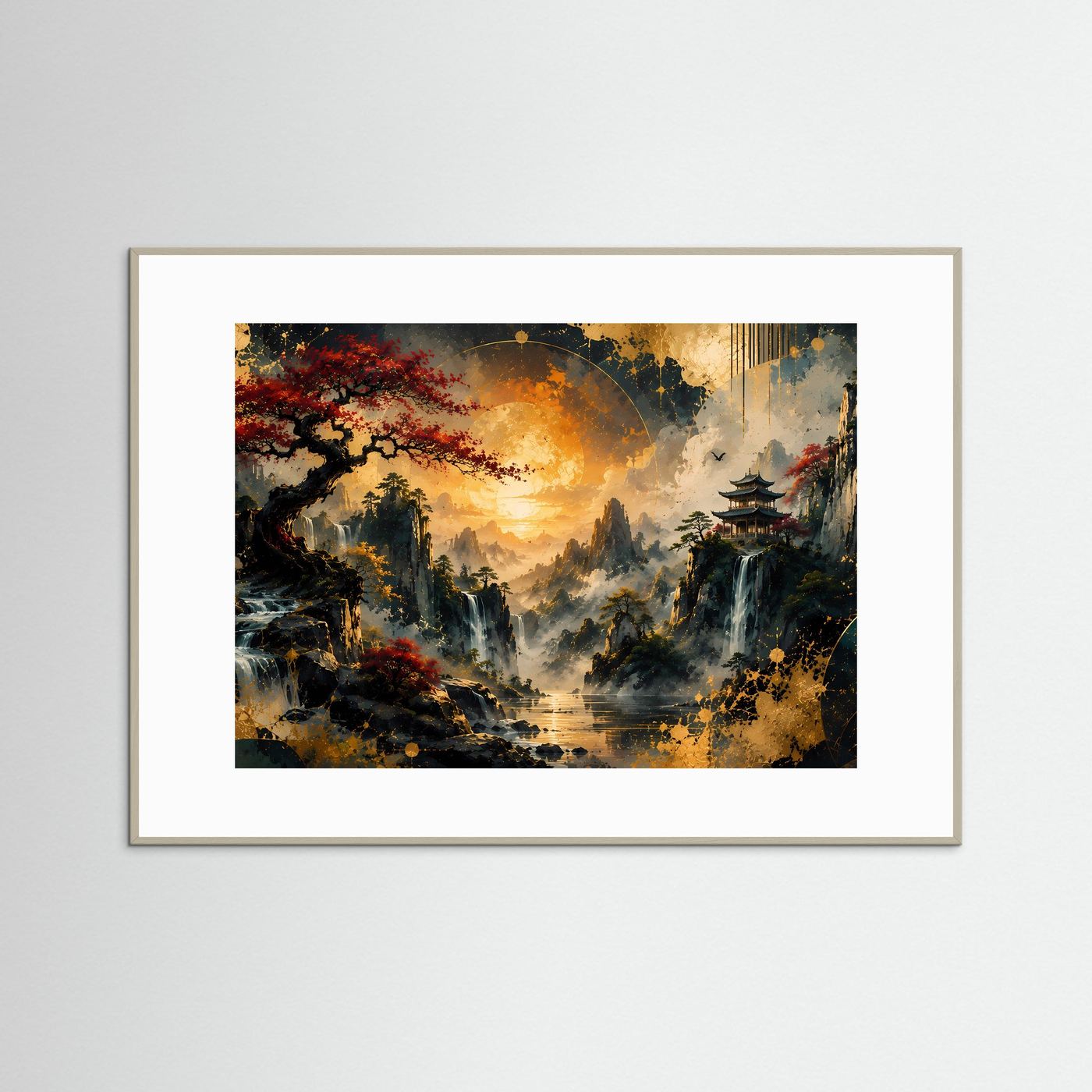 Poster Querformat mit japanischer Berglandschaft, Pagode und Wasserfall im braunem Holzrahmen
