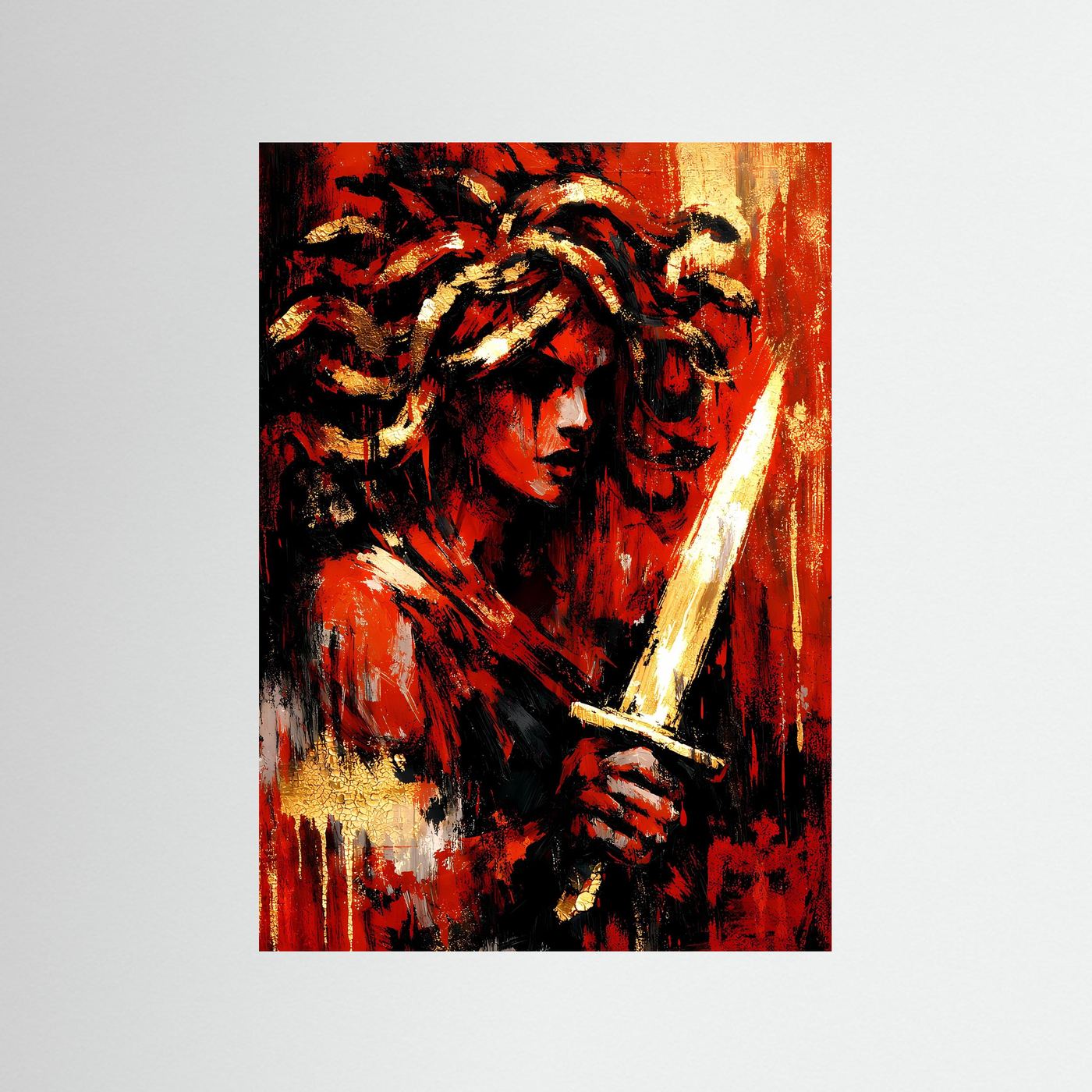 Hochformat-Kunstposter: abstraktes Frauenporträt, Rot, Gold und Schwarz