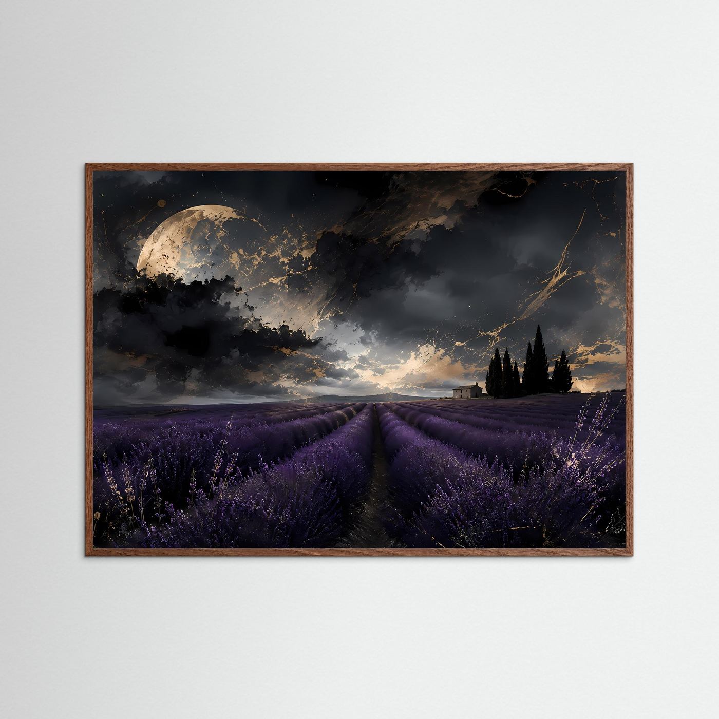Nächtliches Lavendelfeld in der Provence | Mystisches Poster mit Mond & Gold | Wandbild Querformat