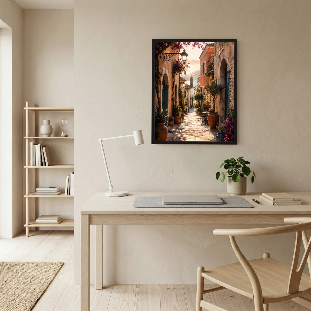 Gerahmtes Poster mit mediterraner Altstadtgasse, Bögen, Pflanzen in Töpfen und Blüten