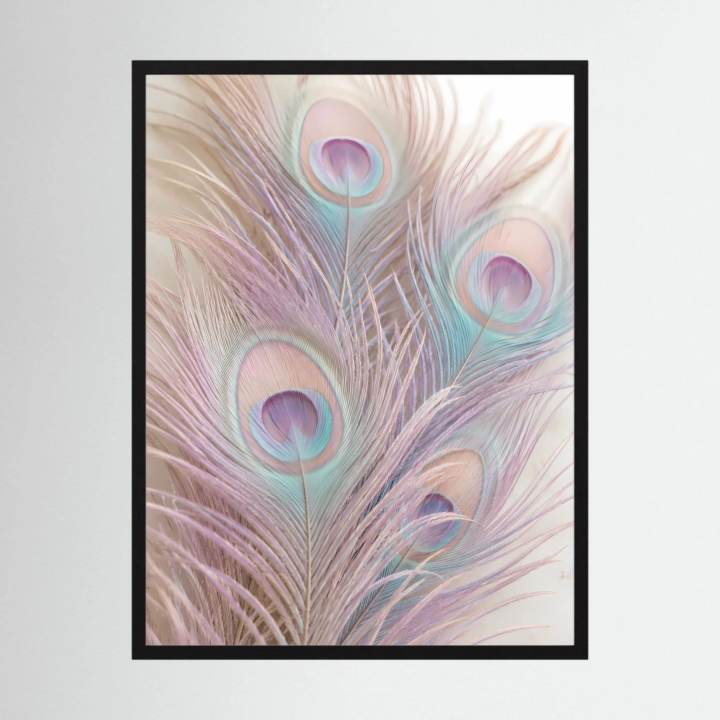 Gerahmtes Hochformat-Poster mit Pastell-Pfauenfedern in Rosa und Türkis